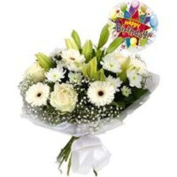 Birthday Balloon & White Petite Bouquet