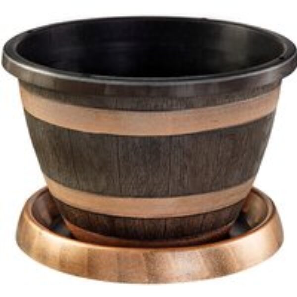 Wooden Barrel Effect Pot & Saucer