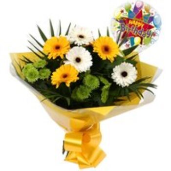 Birthday Balloon & Yellow Cream Bouquet