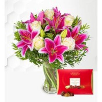 Pink Lilies & Roses with Chocolates