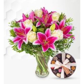 Pink Lilies & Roses & Belgian Chocolates