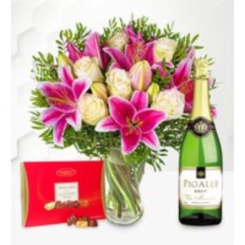 Pink Lilies & Roses with Fizz & Chocolates