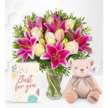 Pink Lilies & Roses with Teddy & Card