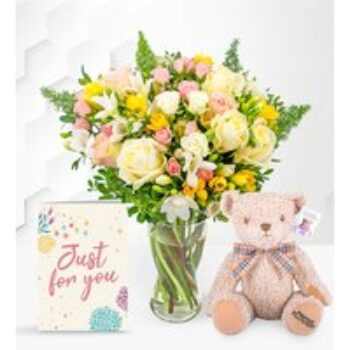 Rose and Freesia with Teddy & Card