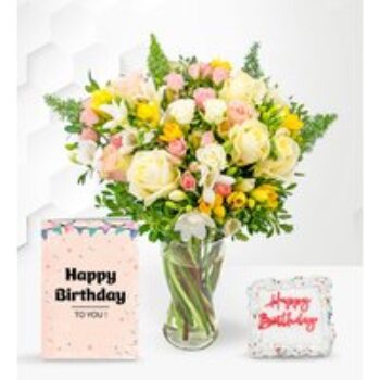 Rose and Freesia with Birthday Cake & Card