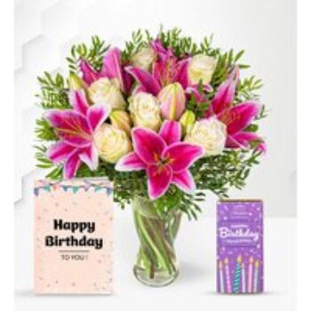 Pink Lilies & Roses with Birthday Chocolate & Card