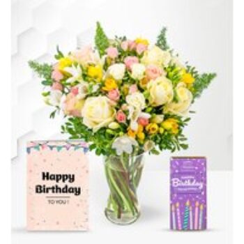 Rose and Freesia with Birthday Chocolate & Card