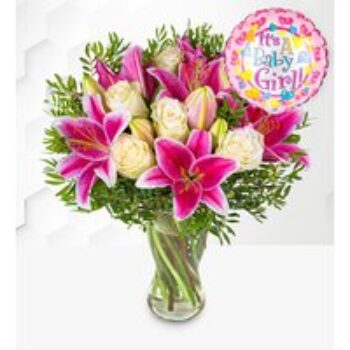 Pink Lilies & Roses with Baby Girl Balloon